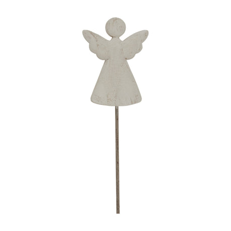 Hill Interiors Rustic Angel on Stand metal figure in whitewashed finish, with outstretched wings on a slim stake, shown against a plain background.