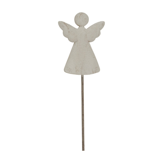 Hill Interiors Rustic Angel on Stand metal figure in whitewashed finish, with outstretched wings on a slim stake, shown against a plain background.