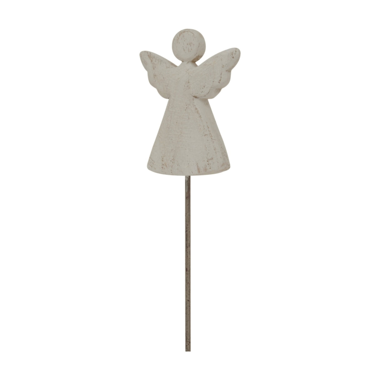 Hill Interiors Rustic Angel on Stand metal figure in whitewashed finish, with outstretched wings on a slim rod base, shown against a plain white background.