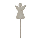 Hill Interiors Rustic Angel on Stand metal figure in whitewashed finish, with outstretched wings on a slim rod base, shown against a plain white background.
