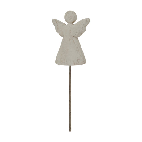 Hill Interiors Rustic Angel on Stand metal figure in whitewashed finish, with outstretched wings on a slim rod base, shown against a plain white background.