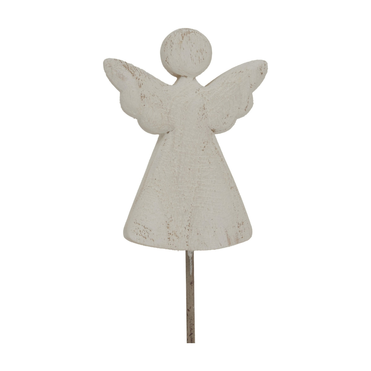 Hill Interiors Rustic Angel on Stand metal figure in whitewashed finish with outstretched wings and flared robe on a slim stake, shown on white.