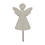 Hill Interiors Rustic Angel on Stand metal figure in whitewashed finish with outstretched wings and flared robe on a slim stake, shown on white.