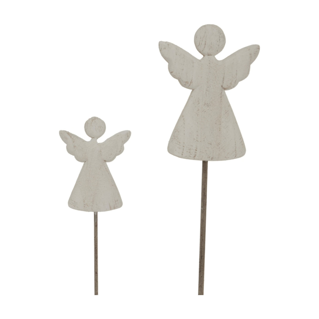 Hill Interiors Large Rustic Angel on Stand in white, shown in two sizes with winged metal figures on slender stakes against a plain background.