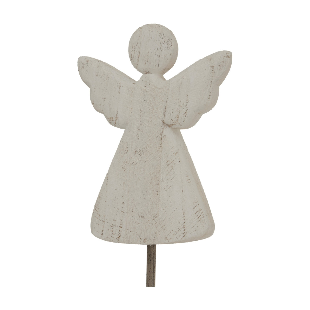 Hill Interiors Large Rustic Angel on Stand in whitewashed metal with outstretched wings and a flowing robe on a slender base, shown on a white background.