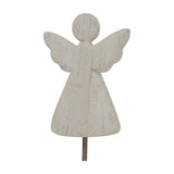 Hill Interiors Large Rustic Angel on Stand in whitewashed metal with outstretched wings and a flowing robe on a slender base, shown on a white background.