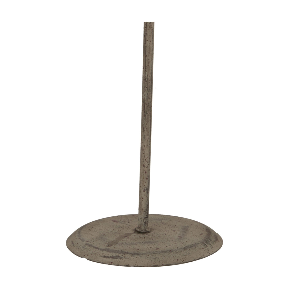 Close-up of the slender metal stand and round weathered base of the Hill Interiors Large Rustic Angel on Stand in white.