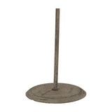 Close-up of the slender metal stand and round weathered base of the Hill Interiors Large Rustic Angel on Stand in white.