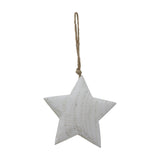 Hill Interiors Rustic Hanging Wooden Star 13cm in white, a five-point wooden Christmas decoration with visible grain and a jute hanging loop, on white.