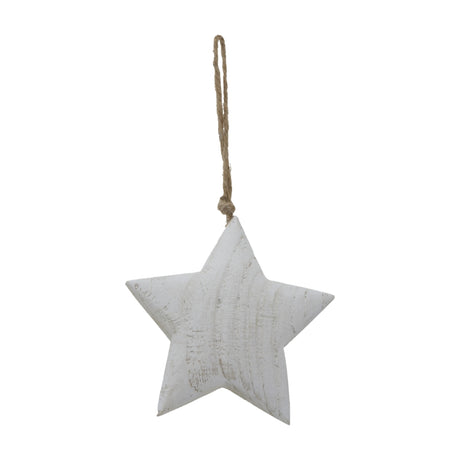 Hill Interiors Rustic Hanging Wooden Star 13cm in white, a five-point wooden Christmas decoration with visible grain and a jute hanging loop, on white.