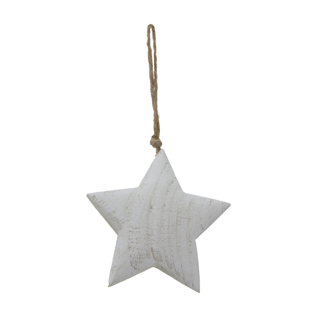 Hill Interiors Rustic Hanging Wooden Star 13cm in white, a five-point wooden Christmas decoration with visible grain and a jute hanging loop, on white.