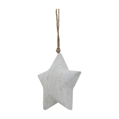 Hill Interiors rustic 13cm wooden hanging star Christmas decoration in soft white with visible grain, suspended from a jute twine loop.