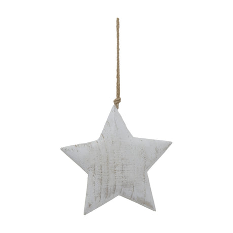 Hill Interiors Large Rustic Hanging Wooden Star in white with visible grain and jute cord loop, shown against a plain white background.