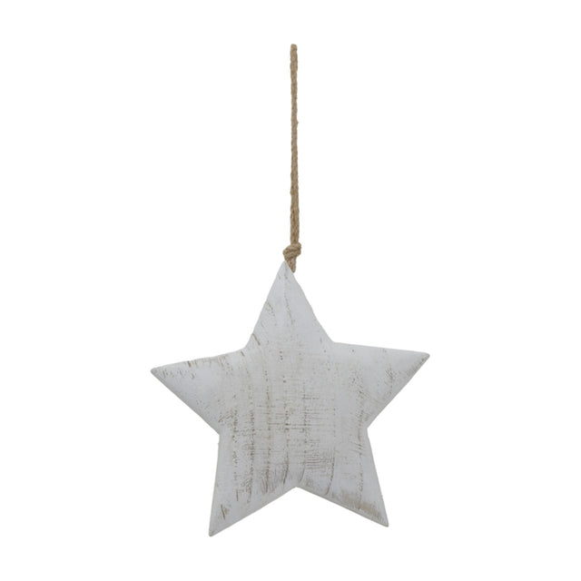 Hill Interiors Large Rustic Hanging Wooden Star in white with visible grain and jute cord loop, shown against a plain white background.