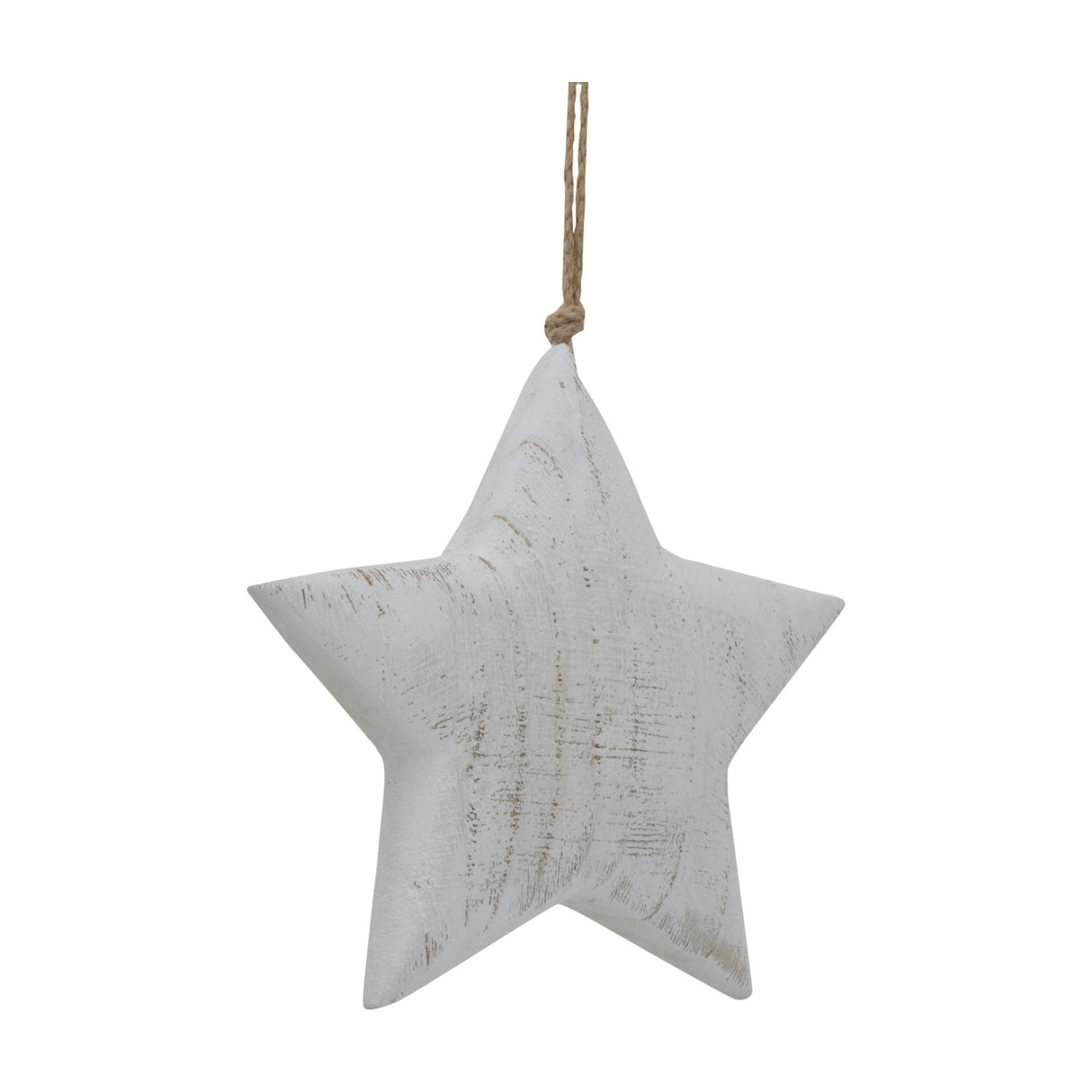 Hill Interiors large rustic hanging wooden star in whitewashed finish with visible grain and jute cord loop, shown against a plain white background.