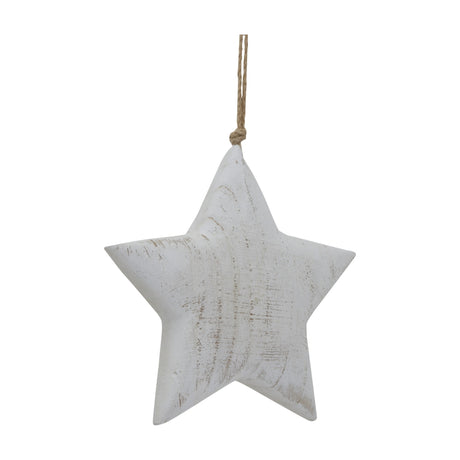 Hill Interiors large rustic hanging wooden star in whitewashed finish with visible grain and jute cord loop, shown against a plain white background.