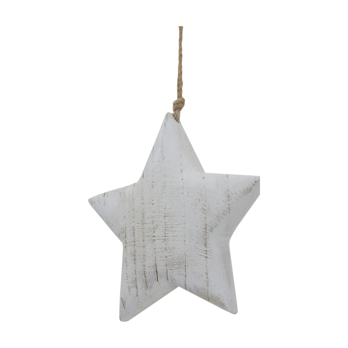 Hill Interiors Large Rustic Hanging Wooden Star in white with visible grain, suspended by a jute cord against a plain white background.