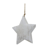 Hill Interiors Large Rustic Hanging Wooden Star in white with visible grain, suspended by a jute cord against a plain white background.