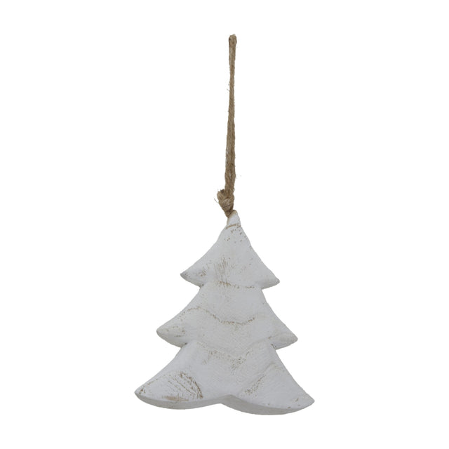 Hill Interiors Rustic Hanging Wooden Tree in a whitewashed finish with visible grain, suspended from a jute rope loop against a plain white background.