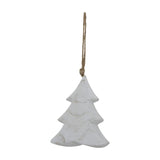 Hill Interiors Rustic Hanging Wooden Tree ornament in whitewashed wood with distressed grain and jute loop, shown against a plain white background.