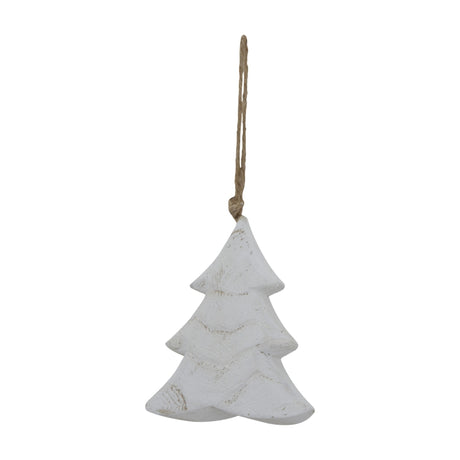 Hill Interiors Rustic Hanging Wooden Tree ornament in whitewashed wood with distressed grain and jute loop, shown against a plain white background.