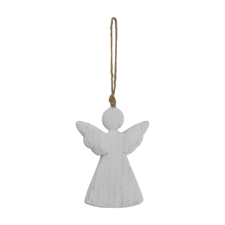 Hill Interiors rustic hanging wooden angel decoration in soft white with outstretched wings and jute cord loop, shown on a plain white background.