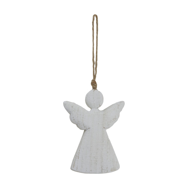 Hill Interiors rustic hanging wooden angel decoration in soft white with outstretched wings and jute cord loop, shown on a plain white background.