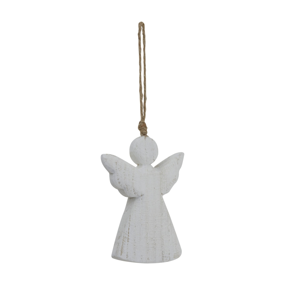 Hill Interiors rustic white wooden hanging angel decoration with outstretched wings, rounded head and jute cord loop, shown on a plain white background.