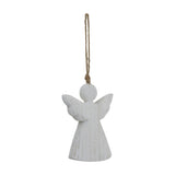Hill Interiors rustic white wooden hanging angel decoration with outstretched wings, rounded head and jute cord loop, shown on a plain white background.