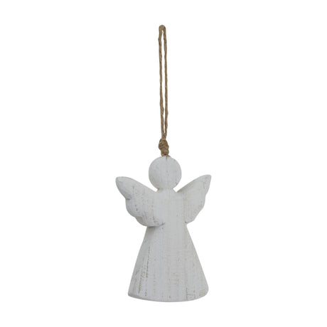 Hill Interiors rustic white wooden hanging angel decoration with outstretched wings, rounded head and jute cord loop, shown on a plain white background.