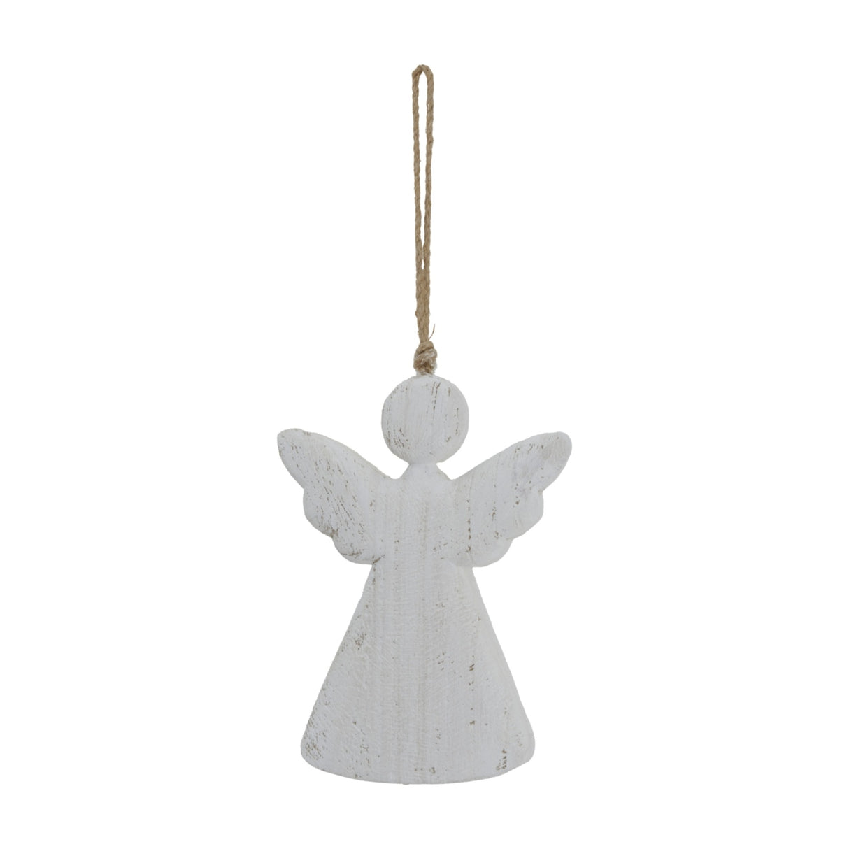 Hill Interiors Large Rustic Hanging Wooden Angel in white with outstretched wings and jute loop, shown against a plain white background.