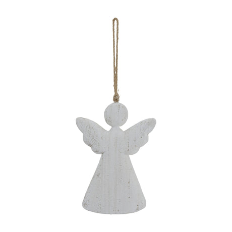 Hill Interiors Large Rustic Hanging Wooden Angel in white with outstretched wings and jute loop, shown against a plain white background.