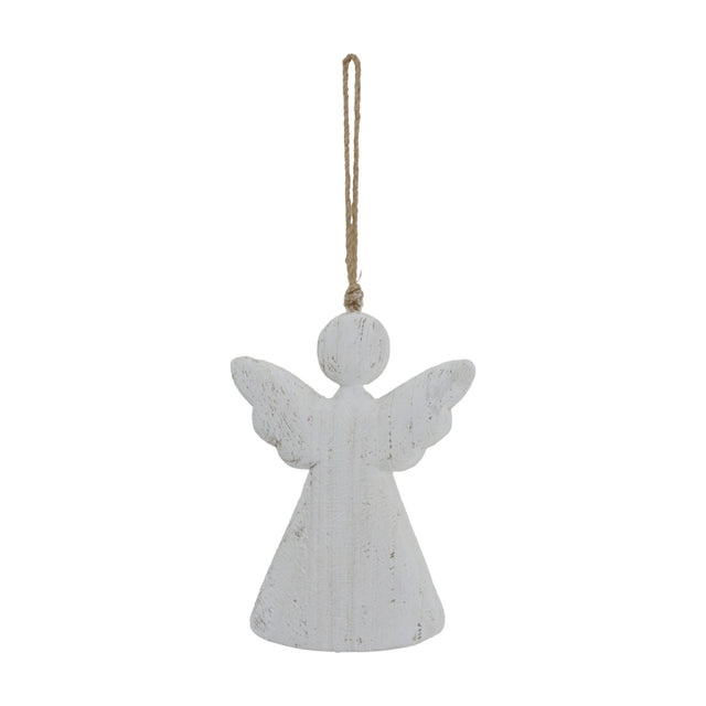 Hill Interiors Large Rustic Hanging Wooden Angel in white with outstretched wings and jute loop, shown against a plain white background.