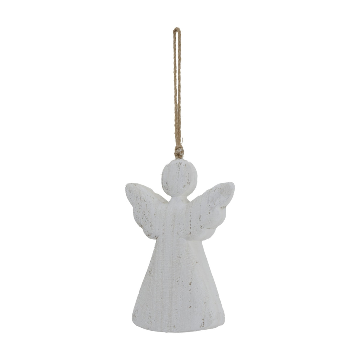 Hill Interiors large rustic hanging wooden angel in white with outstretched wings and jute loop, shown against a plain white background.