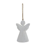 Hill Interiors large rustic hanging wooden angel in white with outstretched wings and jute loop, shown against a plain white background.