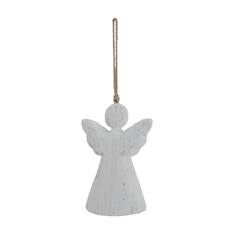 Hill Interiors large rustic hanging wooden angel in white with outstretched wings and jute loop, shown against a plain white background.