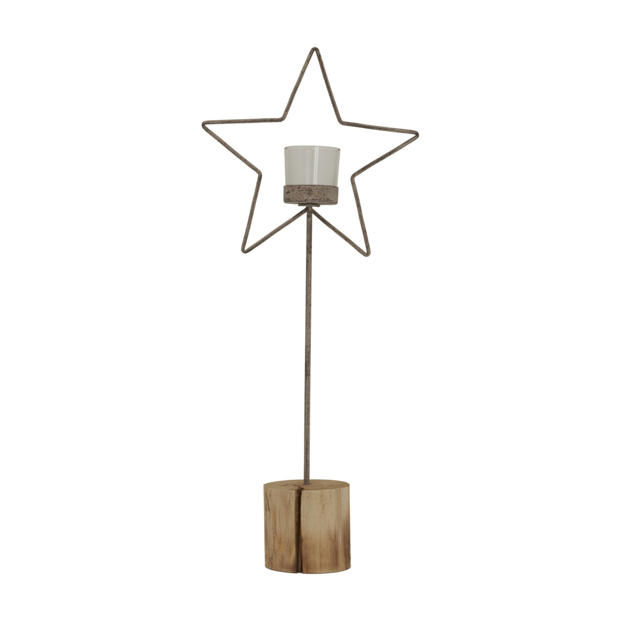 Hill Interiors Rustic Star Wooden Stand with Glass Votive in brown, featuring a tall metal star topper holding a clear glass votive on a chunky wood base.
