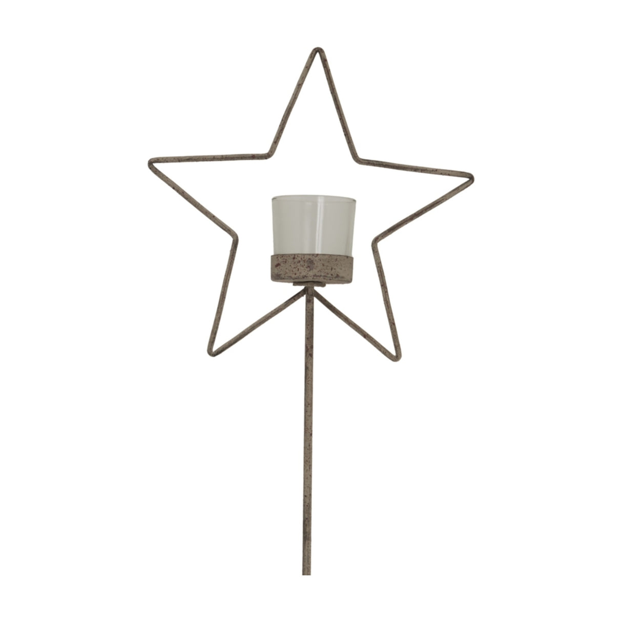 Hill Interiors Rustic Star candle holder with a metal star frame, clear glass votive and tall stake-style stand in a weathered brown finish.
