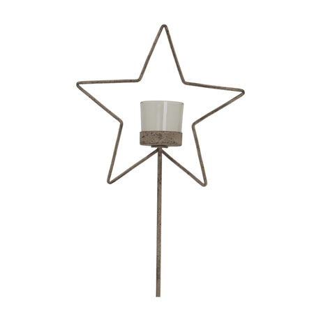 Hill Interiors Rustic Star candle holder with a metal star frame, clear glass votive and tall stake-style stand in a weathered brown finish.