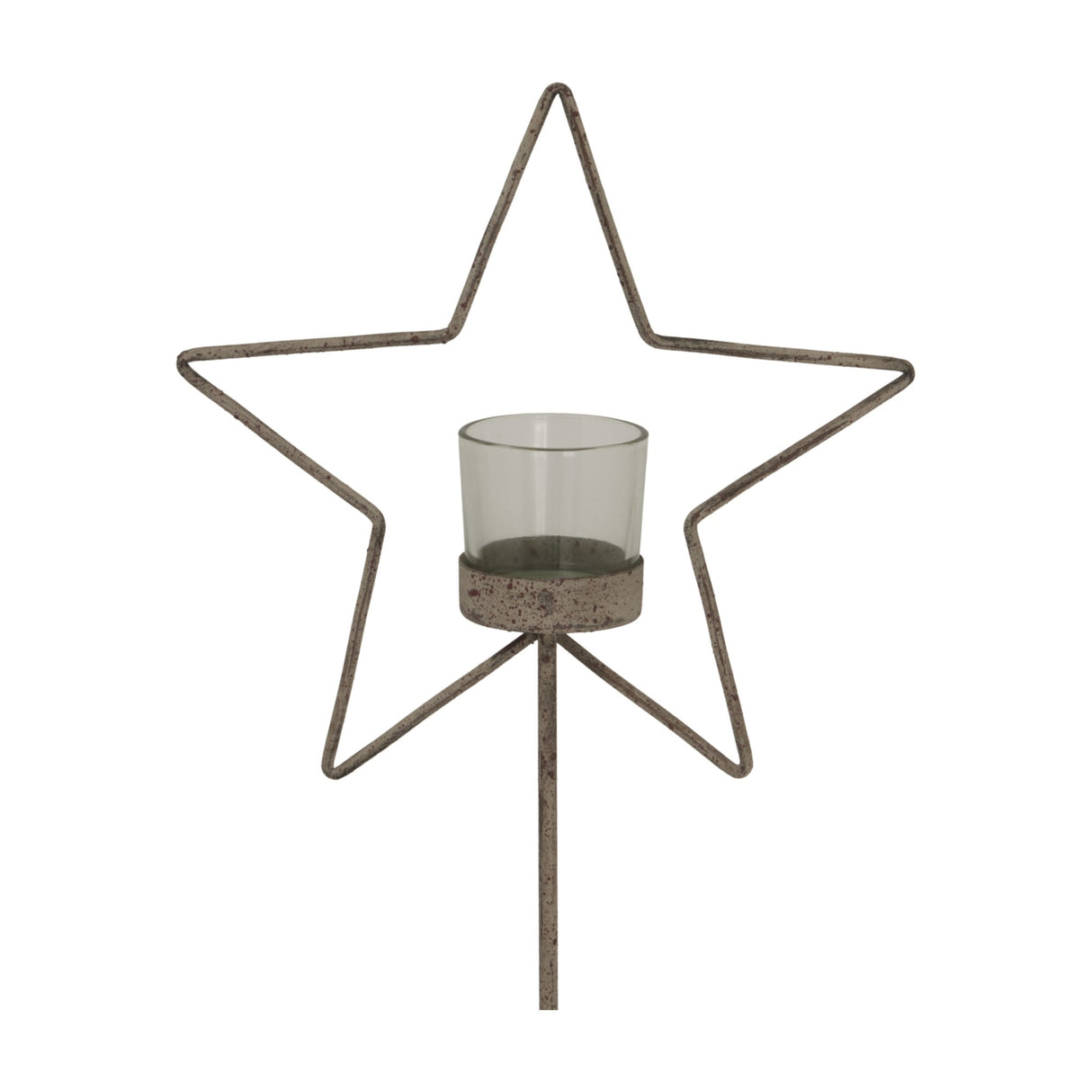 Hill Interiors Rustic Star candle holder with a distressed brown metal star frame and clear glass votive on a slim stand, shown against a white background.