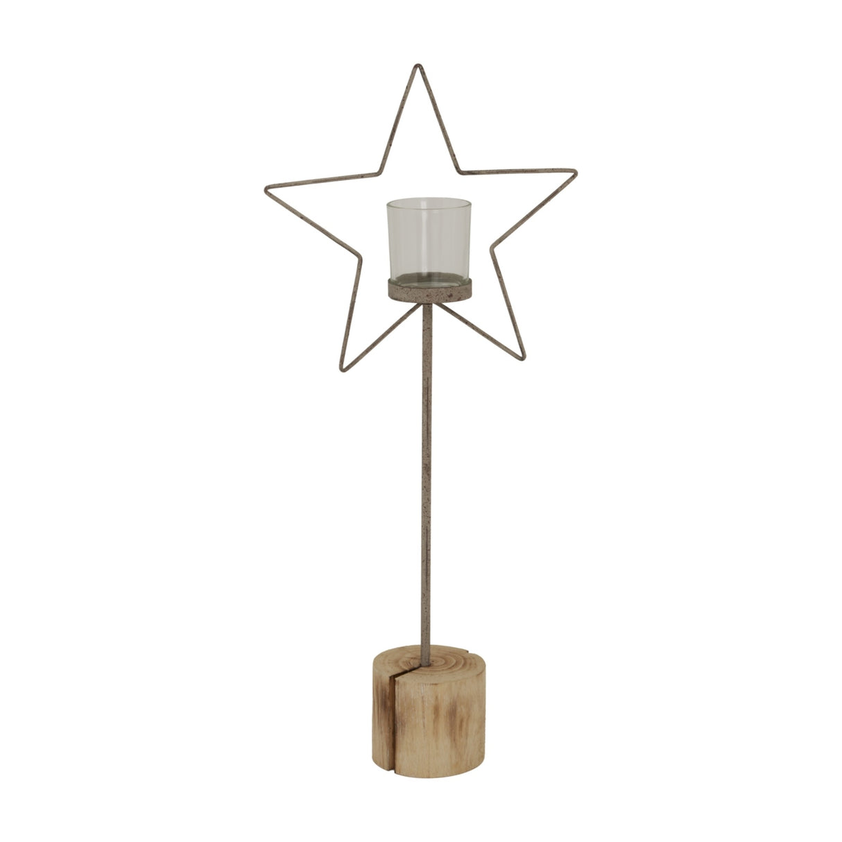 Large Rustic Star on Wood Stand with Glass Votive – Brown