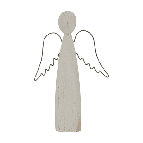 Hill Interiors Rustic Standing Angel Figure in distressed white metal with a rounded head, tapered robe and open wire wings, on a plain background.