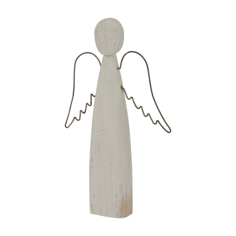 Hill Interiors Rustic Standing Angel Figure in distressed white metal with a slim tapered robe and wire-outlined wings, shown on a plain background.