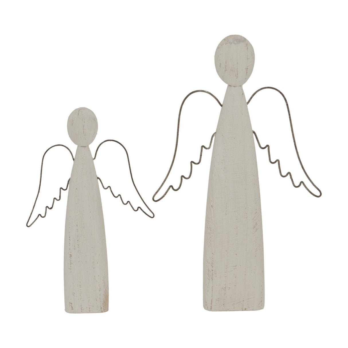 Hill Interiors Rustic Standing Angel Figures in distressed white metal with wire wings, shown in two sizes on a plain white background.