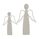 Hill Interiors Rustic Standing Angel Figures in distressed white metal with wire wings, shown in two sizes on a plain white background.