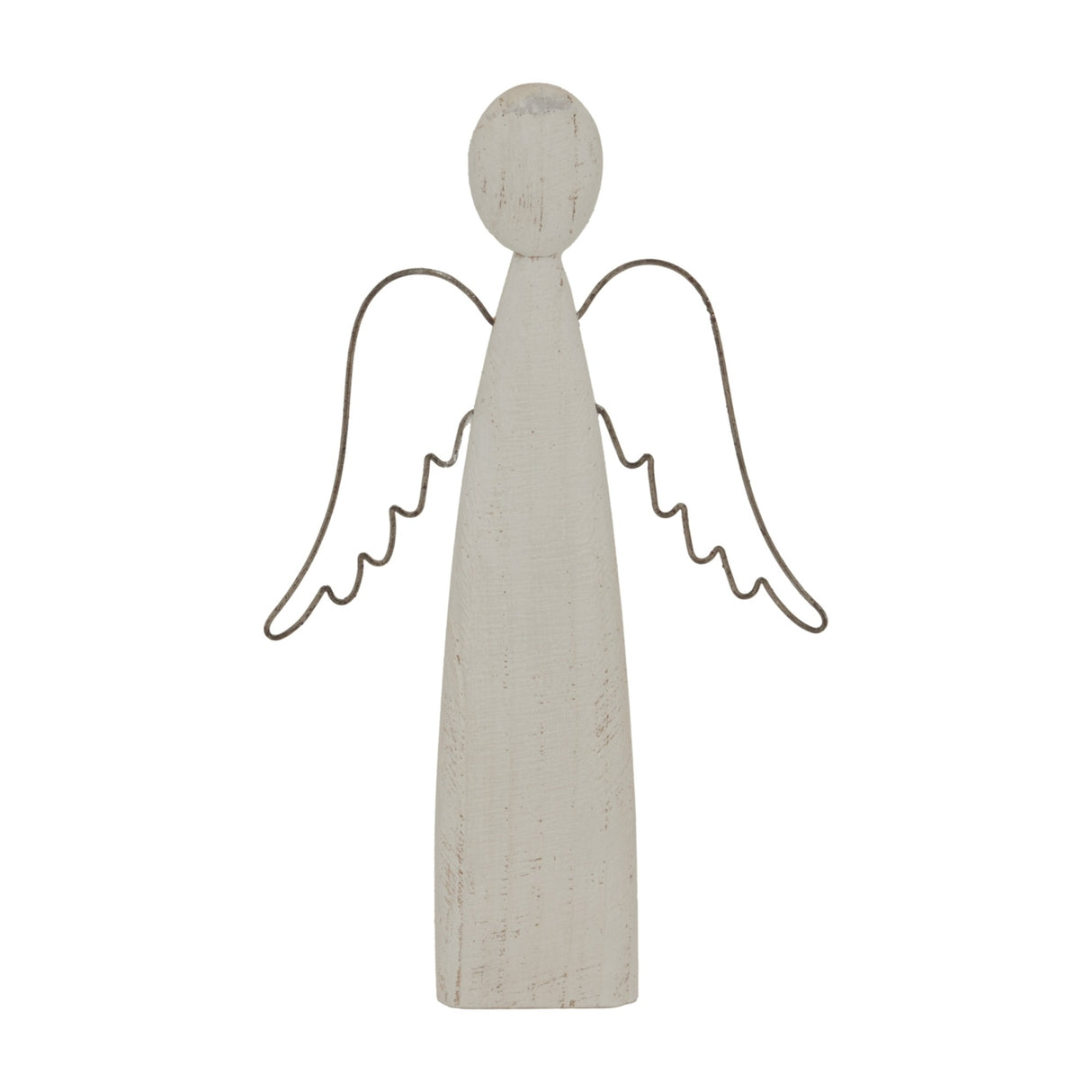 Hill Interiors Large Rustic Standing Angel Figure in white washed metal with a tall tapered body and simple wire wings, shown on a plain background.