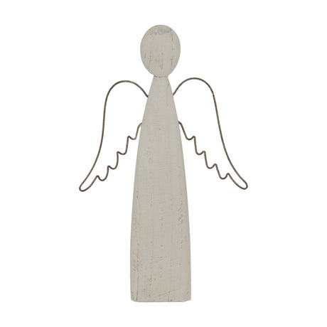 Hill Interiors Large Rustic Standing Angel Figure in white washed metal with a tall tapered body and simple wire wings, shown on a plain background.