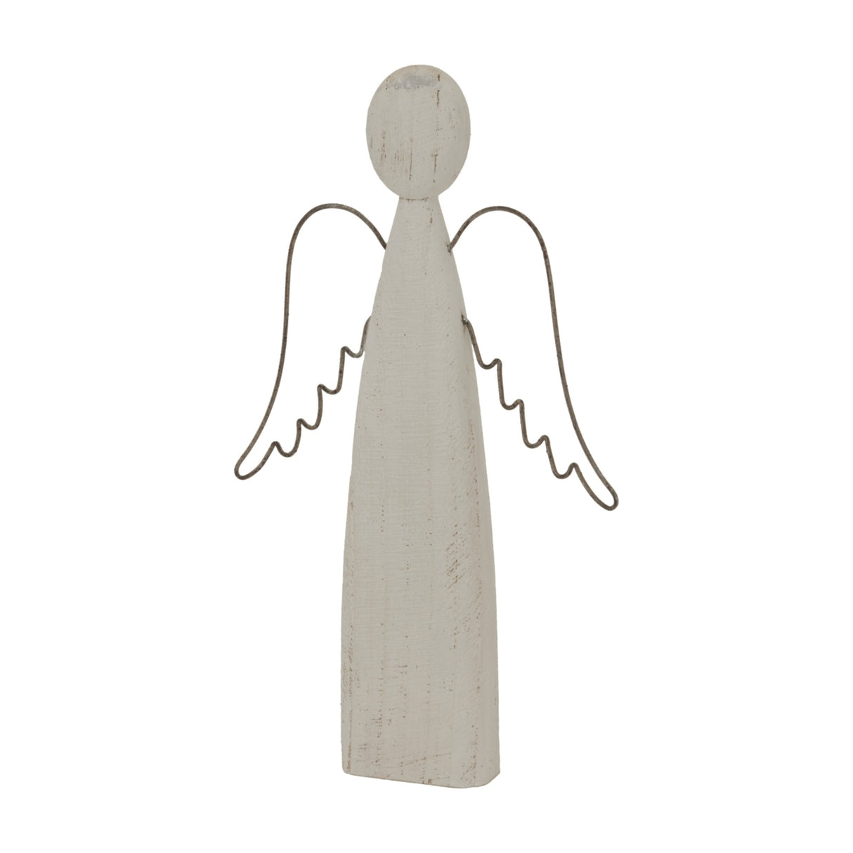 Hill Interiors Large Rustic Standing Angel Figure in white washed metal with a tapered body, round head and wire wings, shown on a plain background.