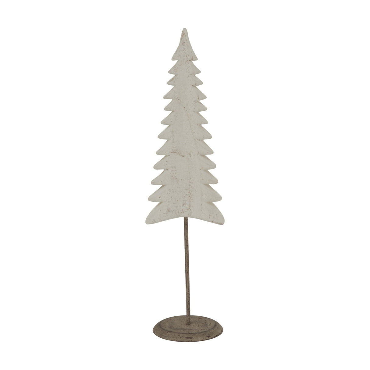 Hill Interiors Tall Metal Tree on Stand in white, a tiered fir-shaped Christmas decoration with a whitewashed finish and round metal base.