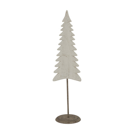 Hill Interiors Tall Metal Tree on Stand in white, a tiered fir-shaped Christmas decoration with a whitewashed finish and round metal base.